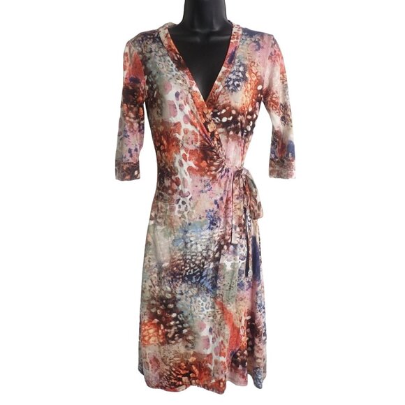 Salaam Wrap Dress Women XS ‎ 3/4 sleeve Multi Colored V Neck Career Casual - Picture 1 of 7